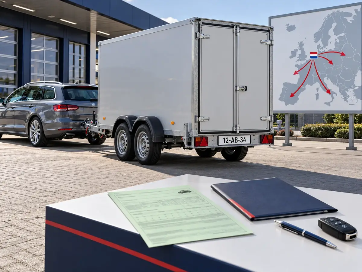 Geschlossener Tandemanhänger mit weißem Exportkennzeichen an einem grauen Kombi, davor Grüne Karte und Autoschlüssel