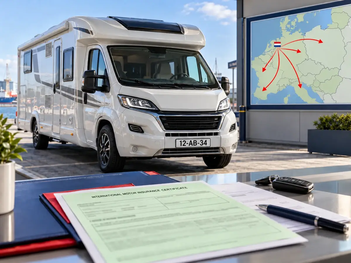 Weißes Wohnmobil mit niederländischem Exportkennzeichen am Hafen, im Vordergrund die Grüne Karte