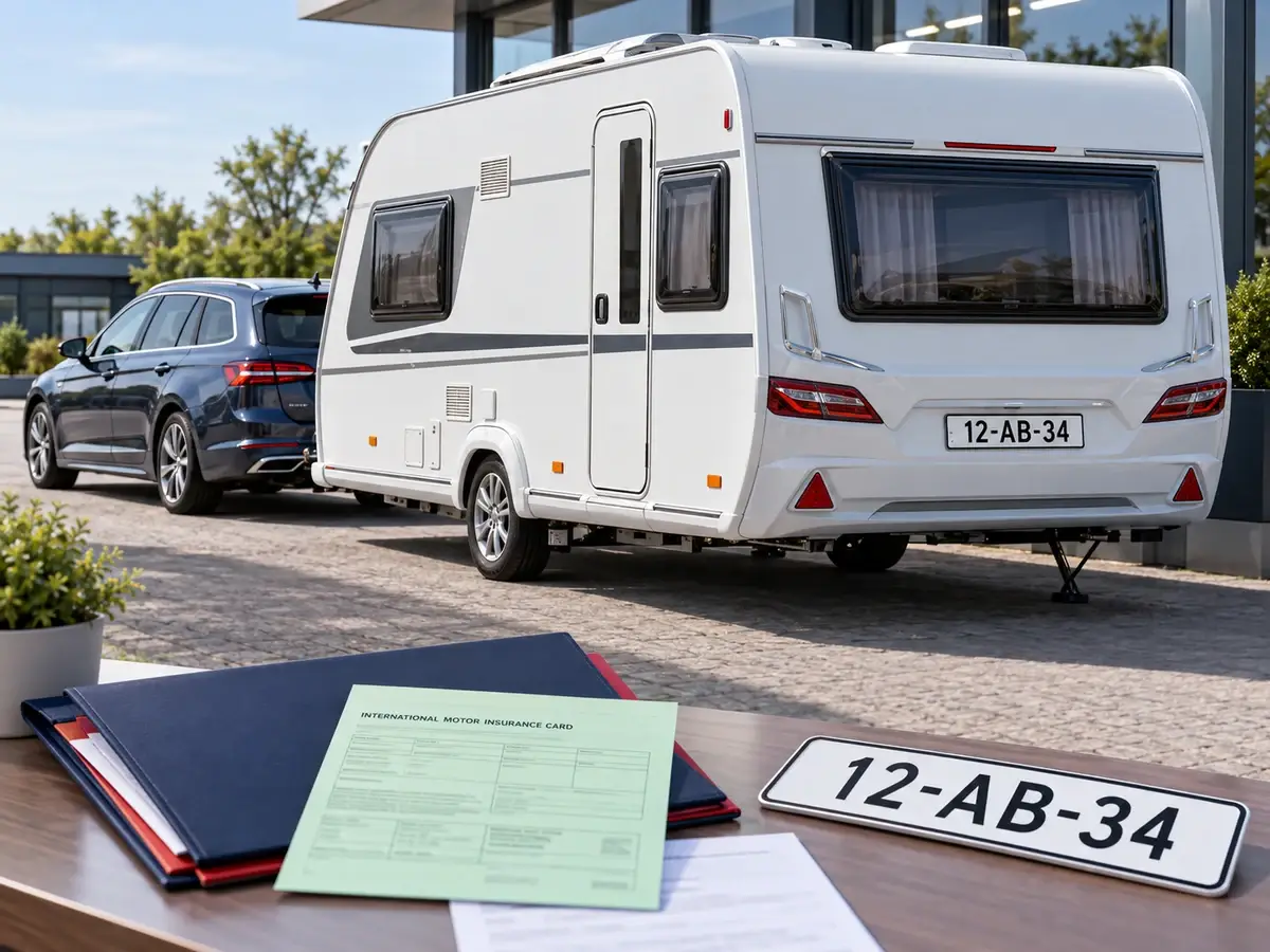Weißer Wohnwagen an einem dunkelblauen Kombi, vorn Grüne Karte und ein weißes niederländisches Exportkennzeichen