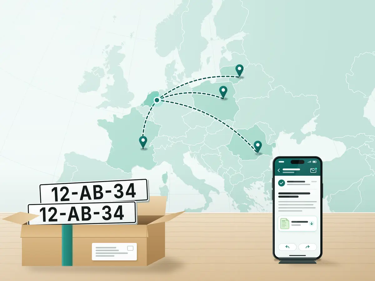 Illustration: Exportkennzeichen per Post im offenen Paket, daneben die Grüne Karte als PDF per E-Mail auf dem Smartphone