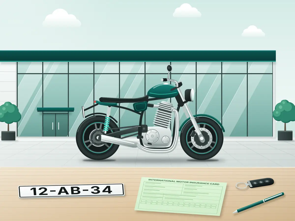 Grünes Motorrad im Retro-Stil, im Vordergrund ein weißes niederländisches Exportkennzeichen und die Grüne Karte