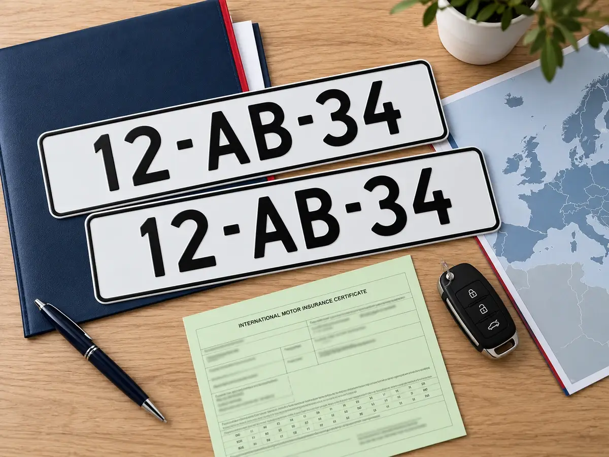 Grüne Karte der niederländischen Exportversicherung, zwei weiße Kennzeichen, Schlüssel und Europakarte auf einem Holztisch